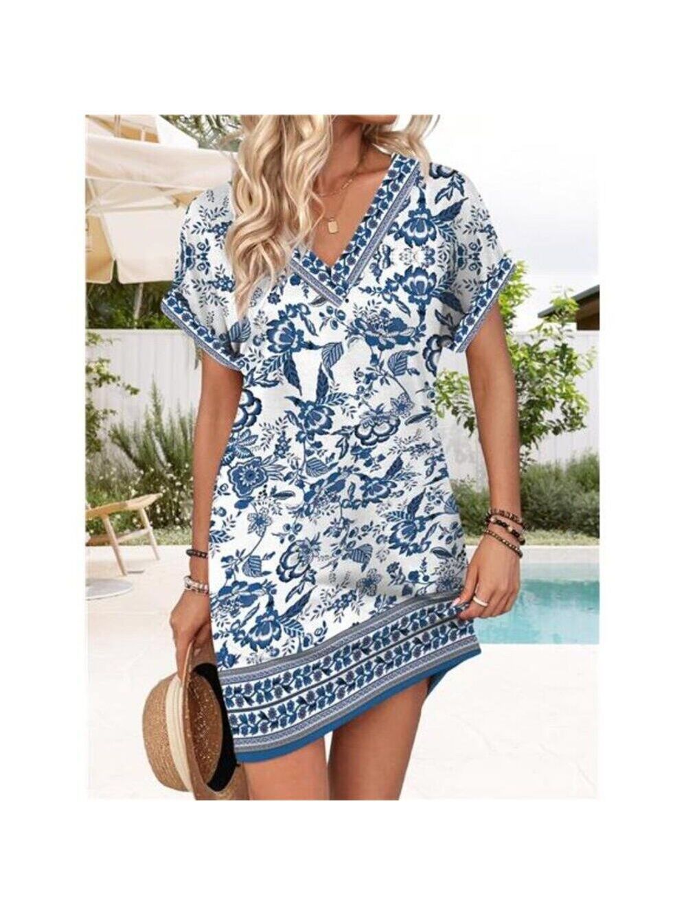 Casual T-Shirt Dress with V-Neck – Short Sleeve Flowy Summer Dress with Pockets